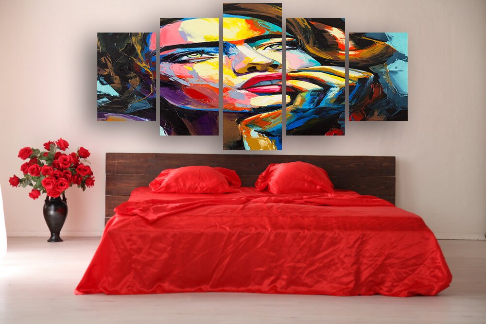 the Interior of the white room with a bed with red