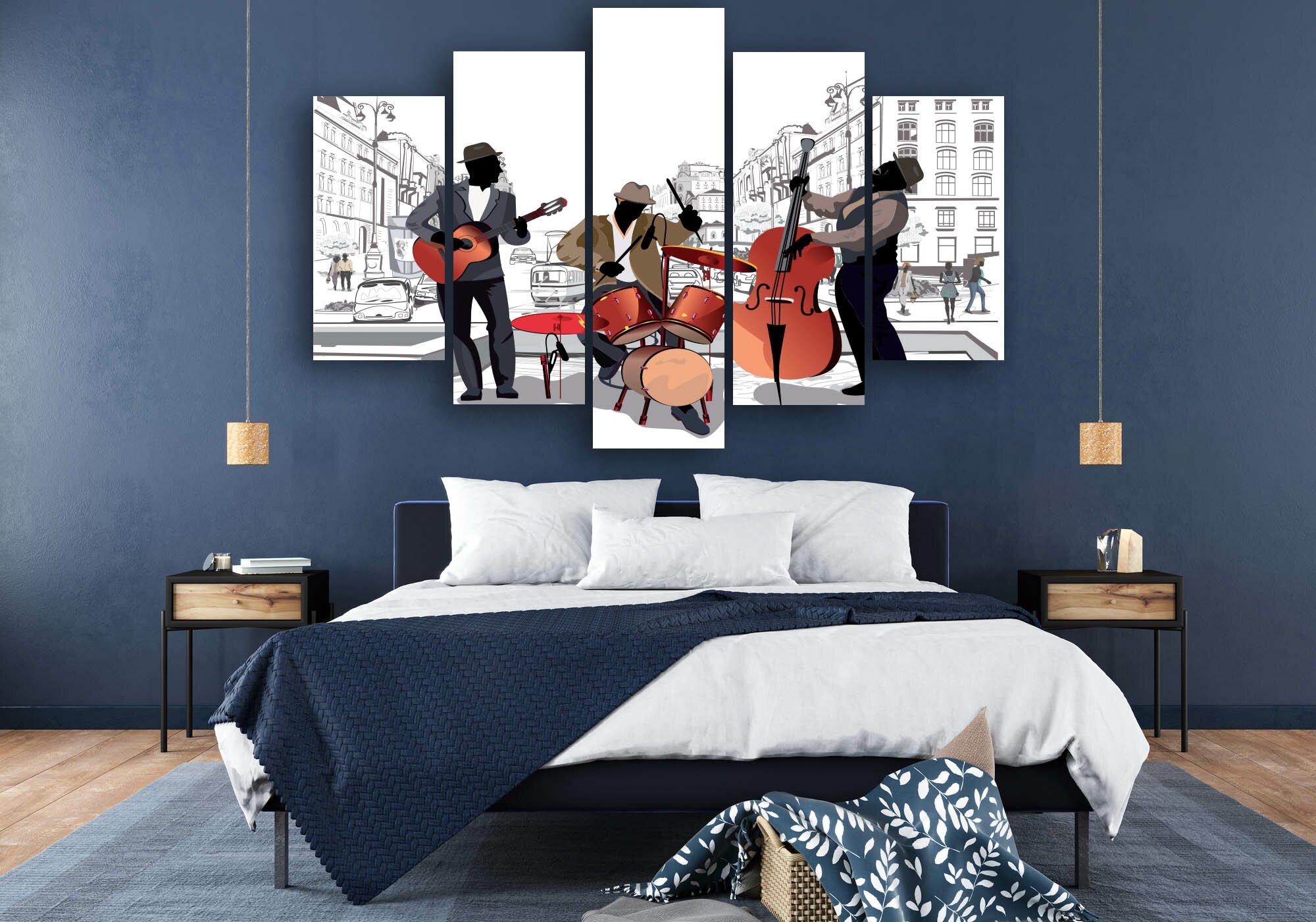 Stylish bedroom interior in trendy blue