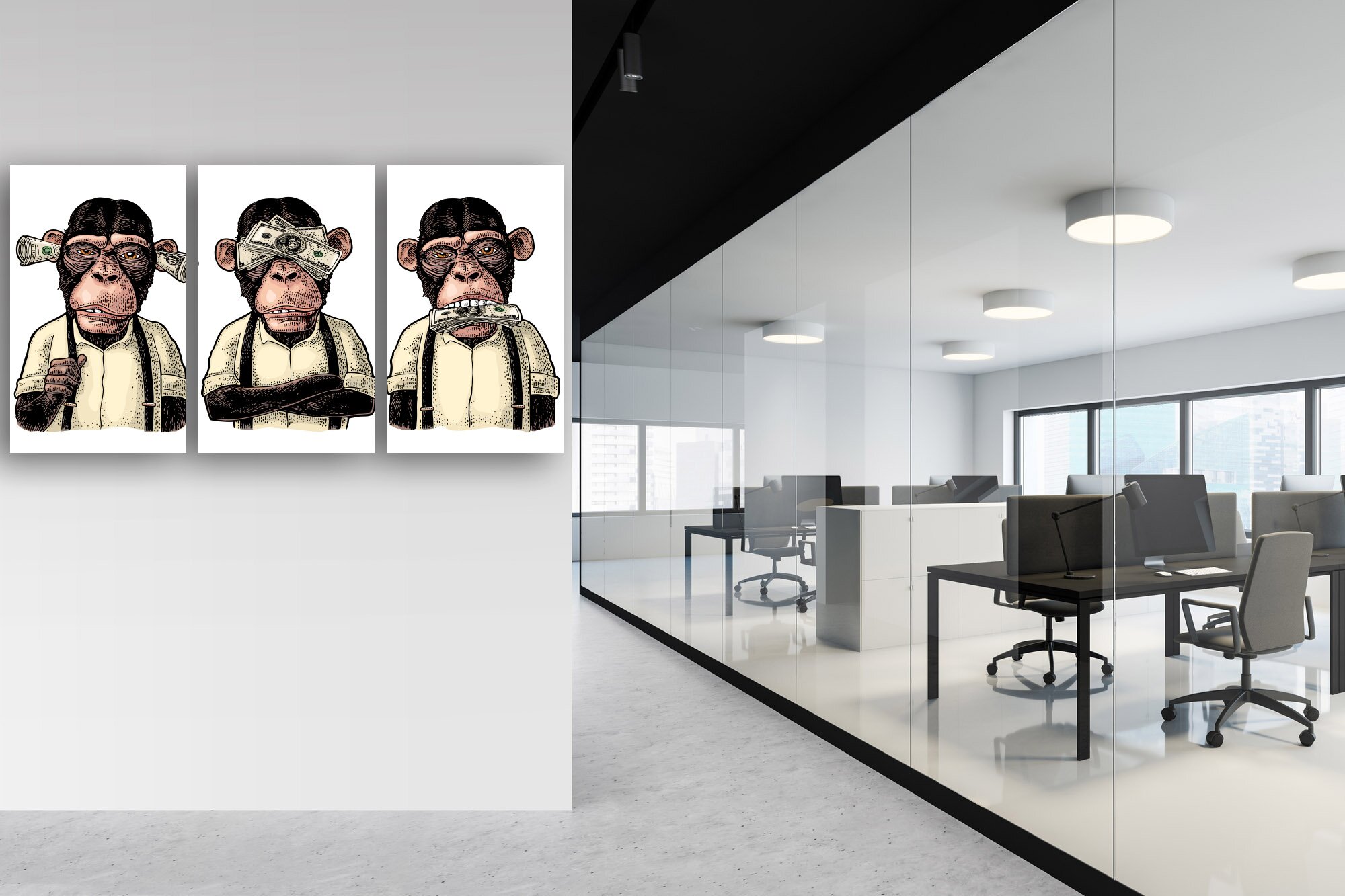 White open space office with mock up wall