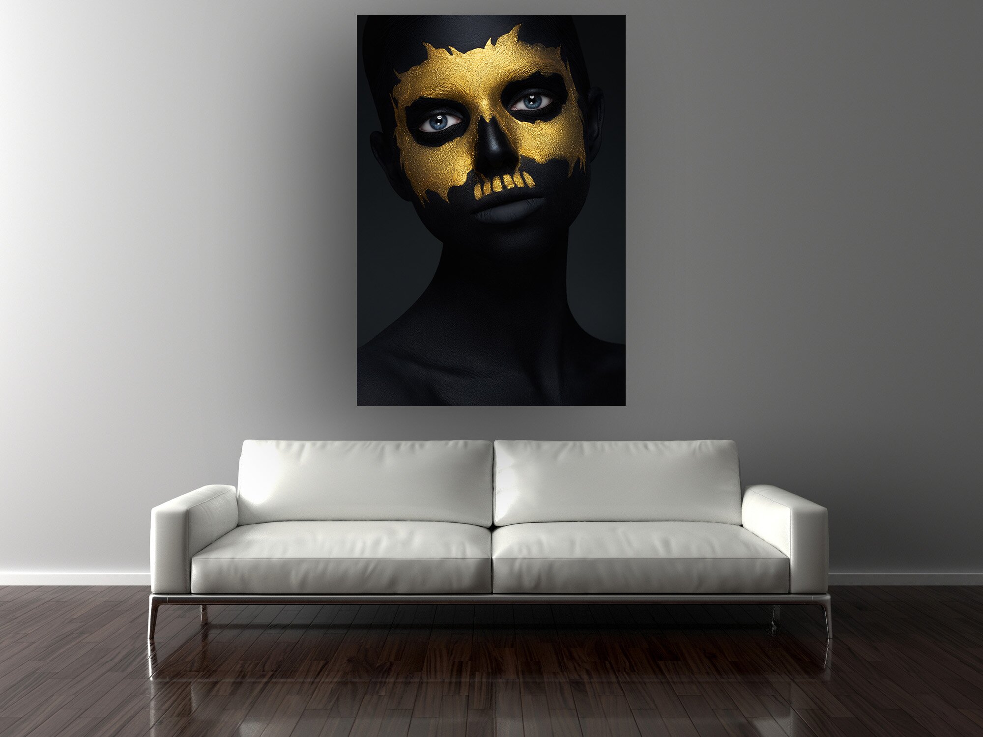 Blank Wall in empty room with sofa, 3D illustration