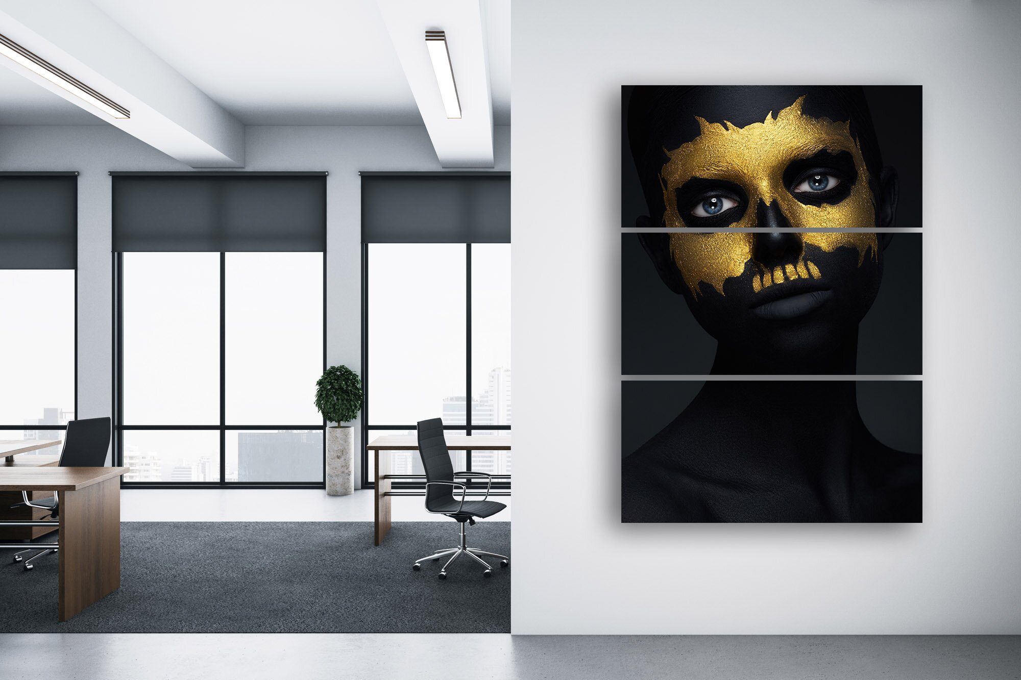 Clean office room with computers, blank white wall