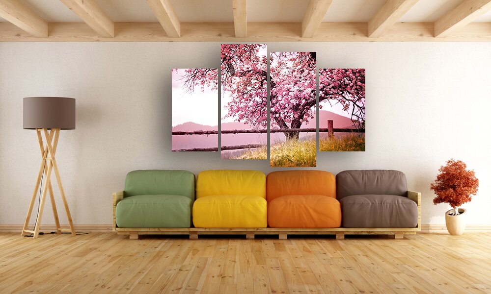 White lounge with colorful pallet sofa