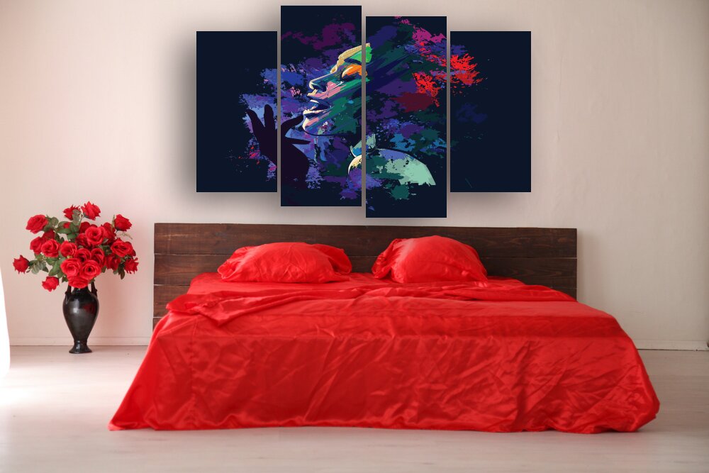 the Interior of the white room with a bed with red