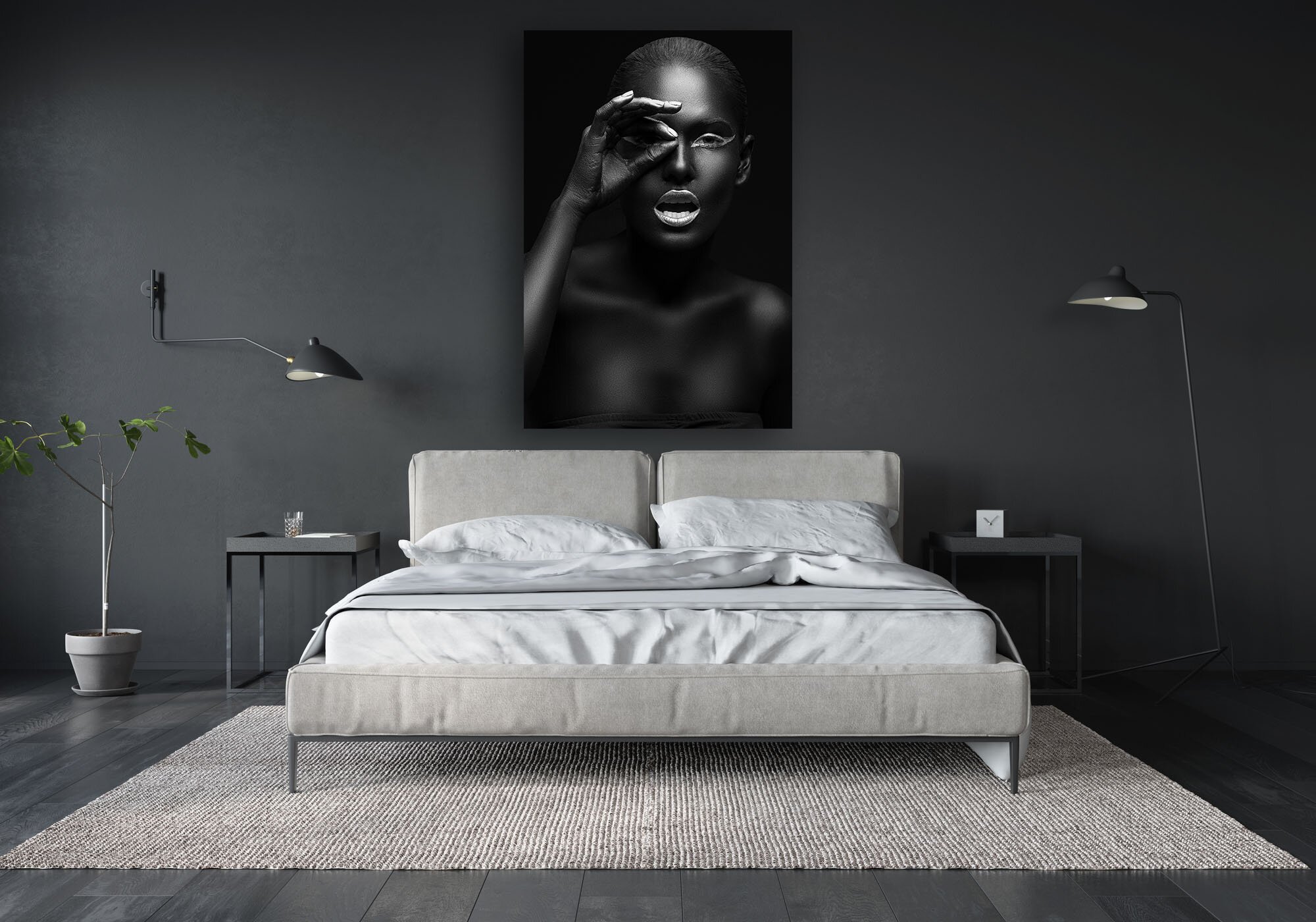 Bedroom interior with white bed and dark gray wall