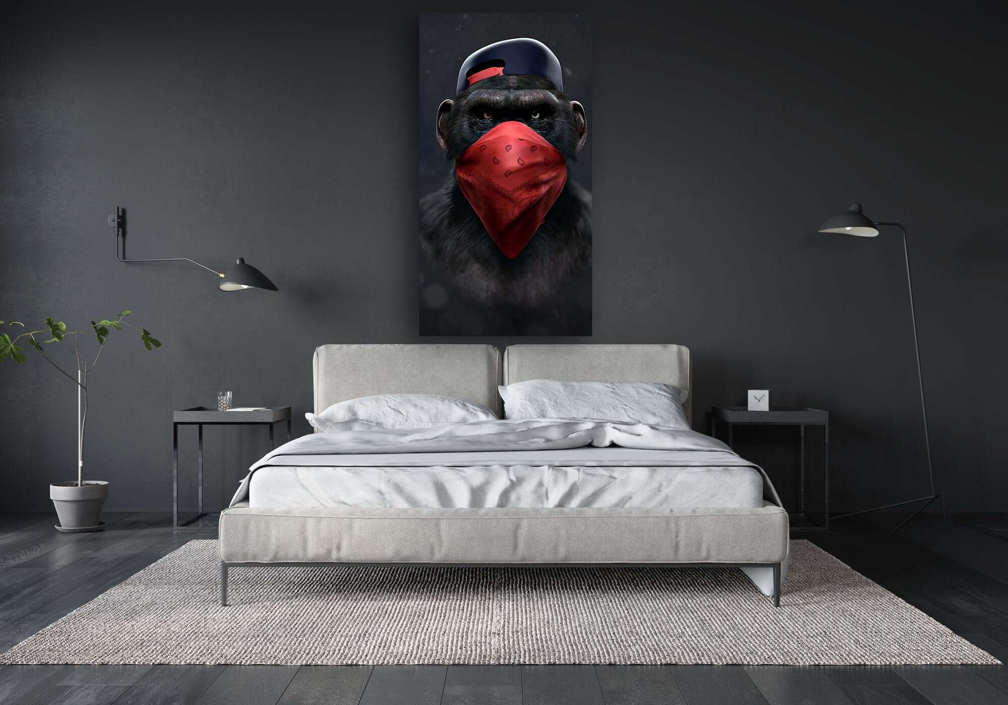 Bedroom interior with white bed and dark gray wall