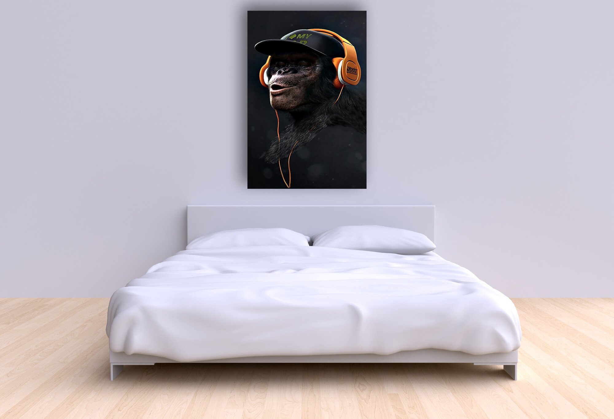 Modern bed with two pillows and a blanket against the wall of th