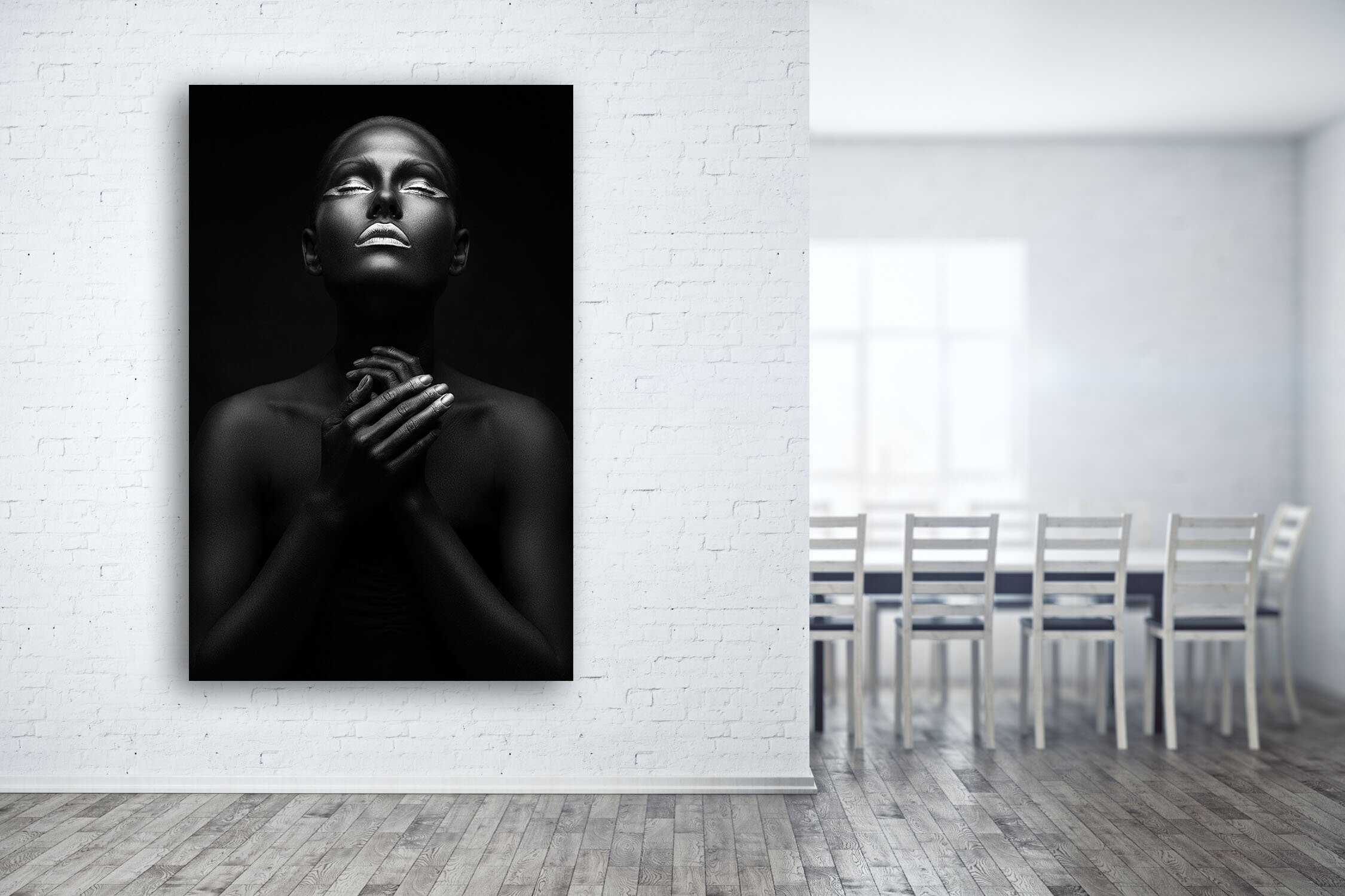 Front view of minimalistic white brick meeting room with empty wall and wooden floor. Mock up, 3D Rendering 674366824