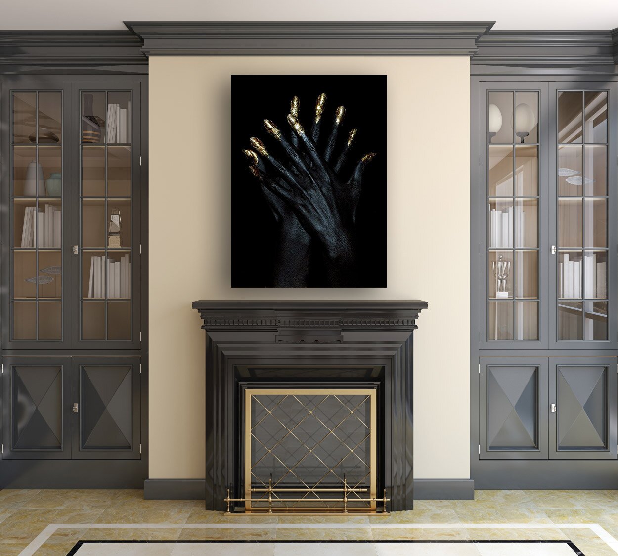 Modern living-room interior with fireplace. 3d render. 253772830