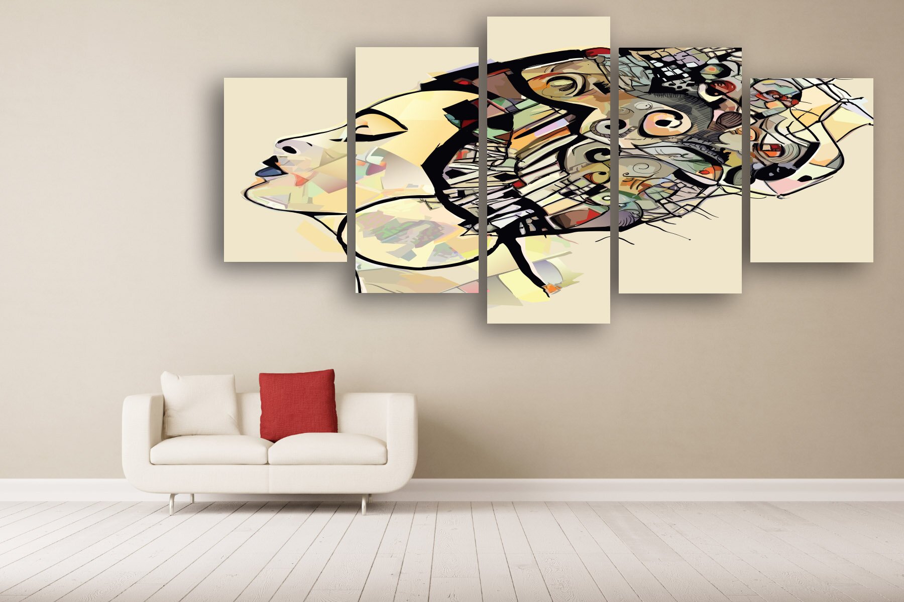 White sofa with two pillows in empty room in front of empty wall (3D Rendering) 591964619