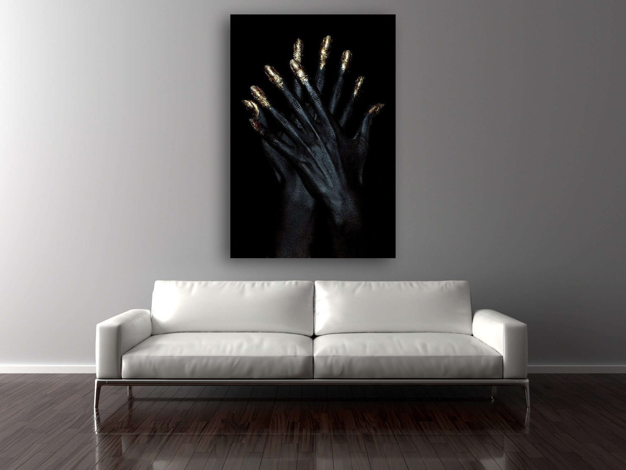 Blank Wall in empty room with sofa, 3D illustration